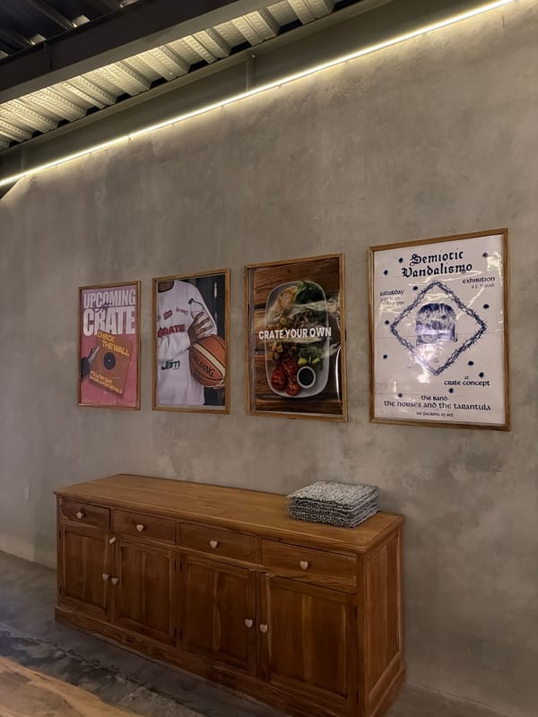 Inside and outside Crate Goods, Mengwi, at golden hour