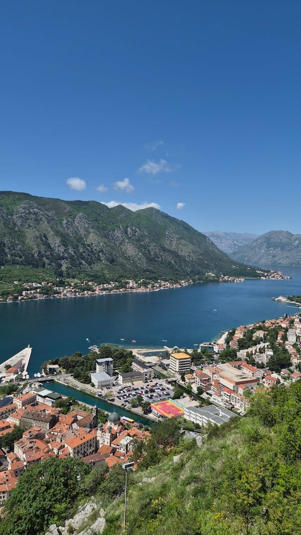 Tourists capture selfie overlooking scenic Bay of Kotor, Montenegro