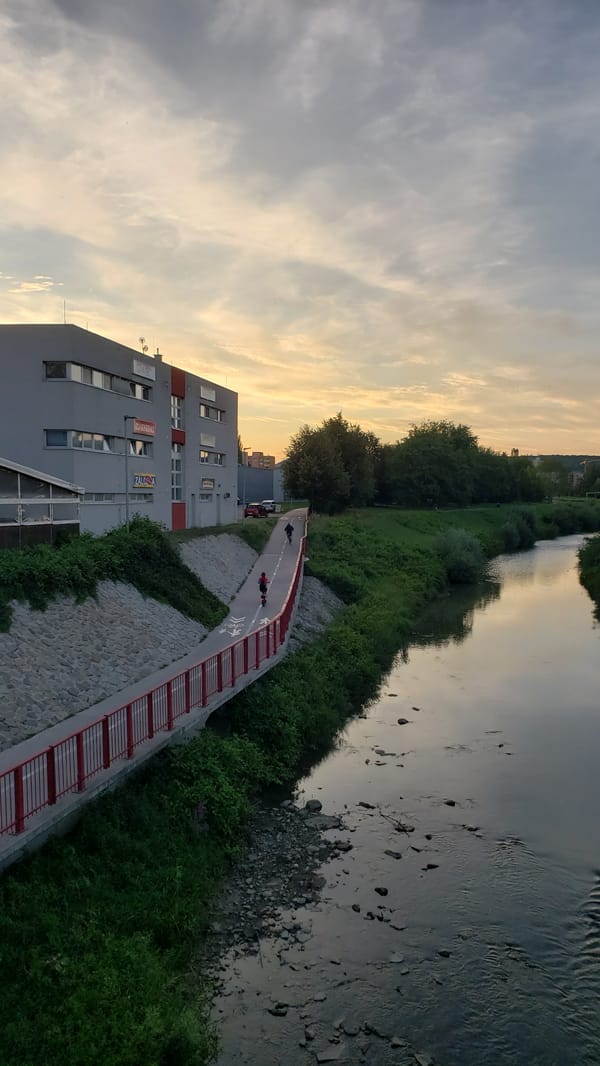 Evening along Prešov's riverside paths at golden hour