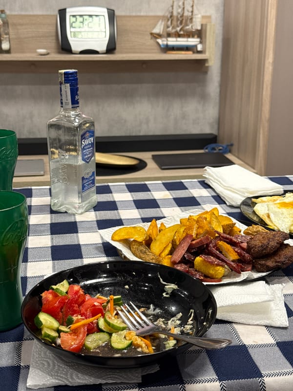 Half-eaten salad on a checkered tablecloth in Lovech