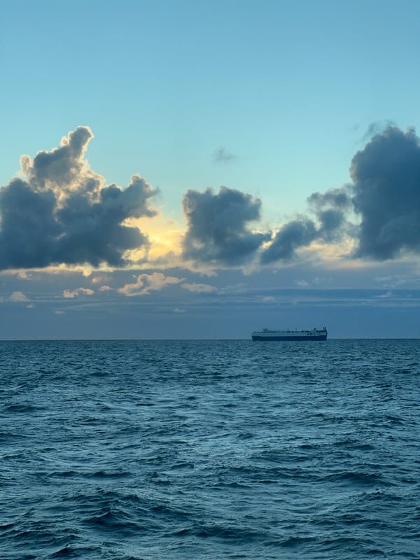 ARC car carrier crosses open sea under a stormy, golden sky