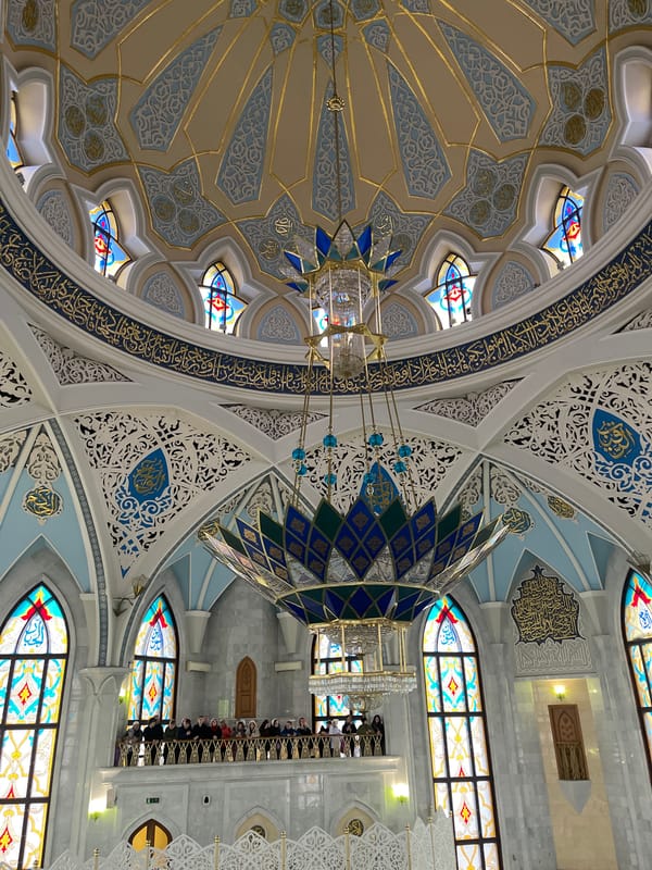 Tourist visits Kul Sharif Mosque in Kazan, documents architecture