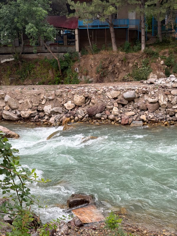 River rapids and roadside greenery in Khumsan, Uzbekistan