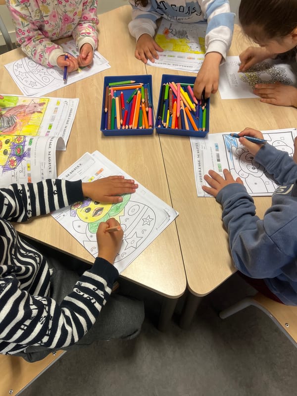 Morning scenes in La Fouillouse: children coloring, woman in car