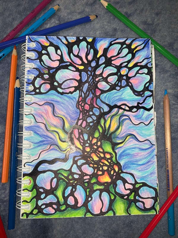 Abstract cell-pattern drawing in a colorful sketchbook