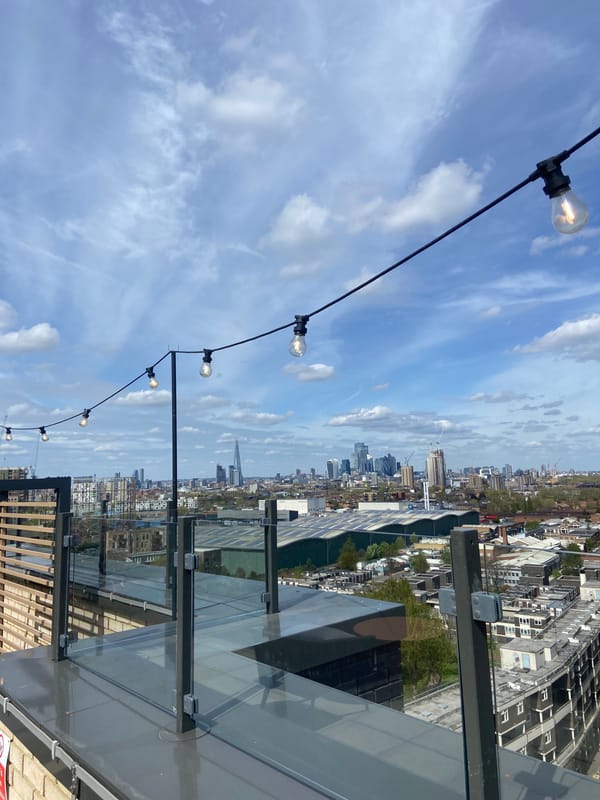 Rooftop observer captures London skyline views with string lights