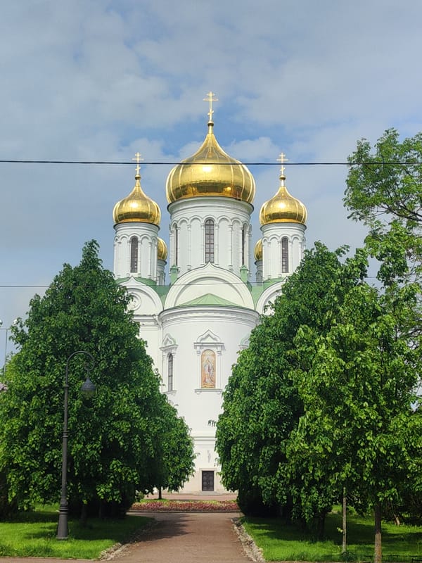 Catherine Cathedral photographed amid spring foliage in Pushkin, Russia