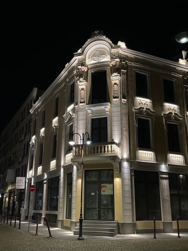 Festive night scene documented in downtown Burgas, Bulgaria