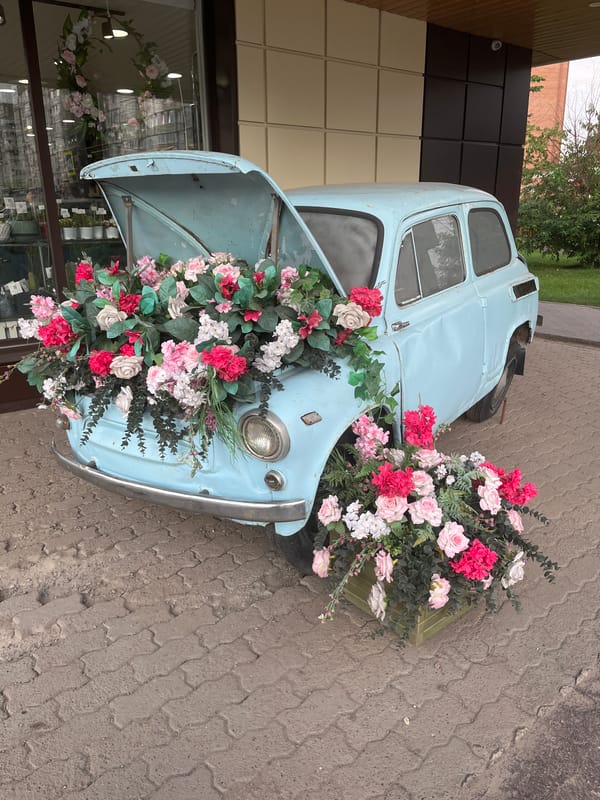 Old car turned flower display on a Krasnoyarsk walkway