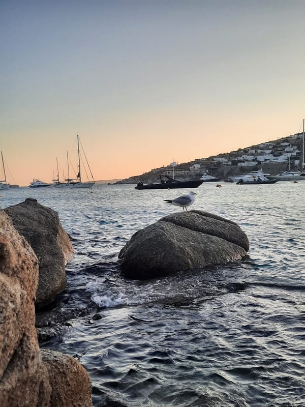 Weathered rocks in calm water at a Greek island sunset