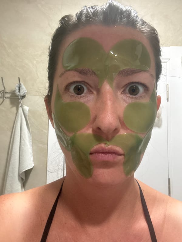 Green face mask selfie paired with a #SelfCare graphic