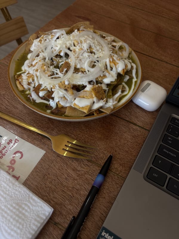 Chilaquiles meal photographed from above at table setting