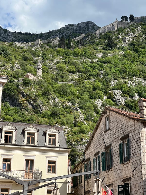 Tourist documents medieval Kotor and neighboring areas during afternoon visit