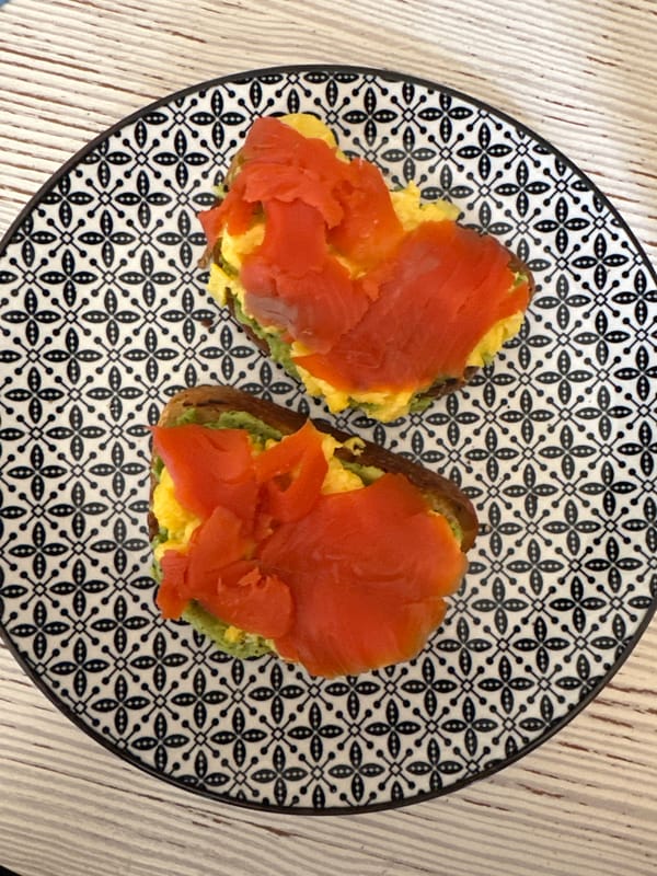 Avocado toast breakfast with salmon photographed in Dimitrovgrad