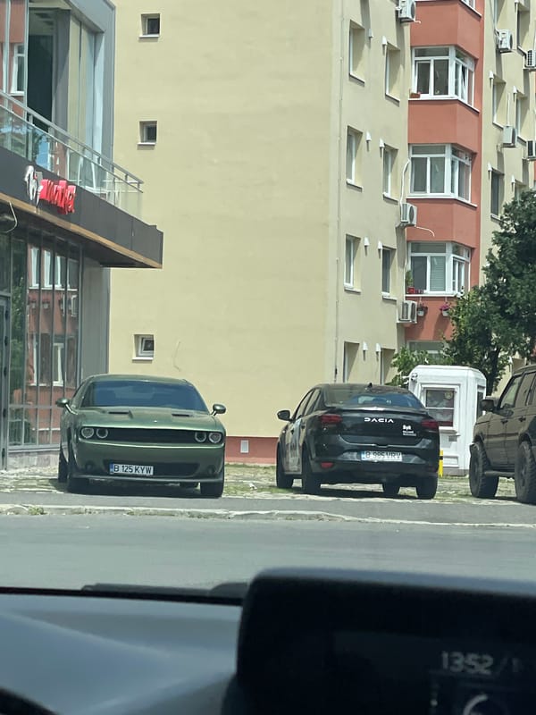 Morning street activity observed in Bucharest including parked cars, exercising woman