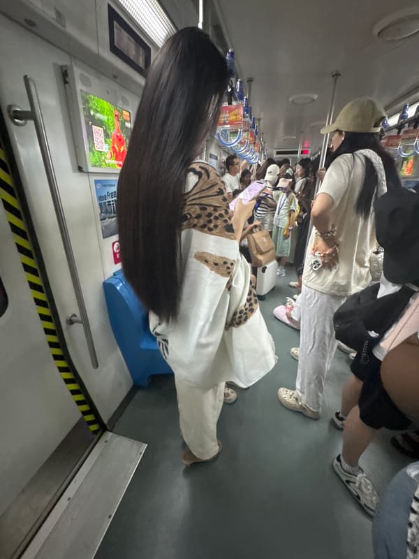 Two angles on a subway commute, white shawl and leopard print