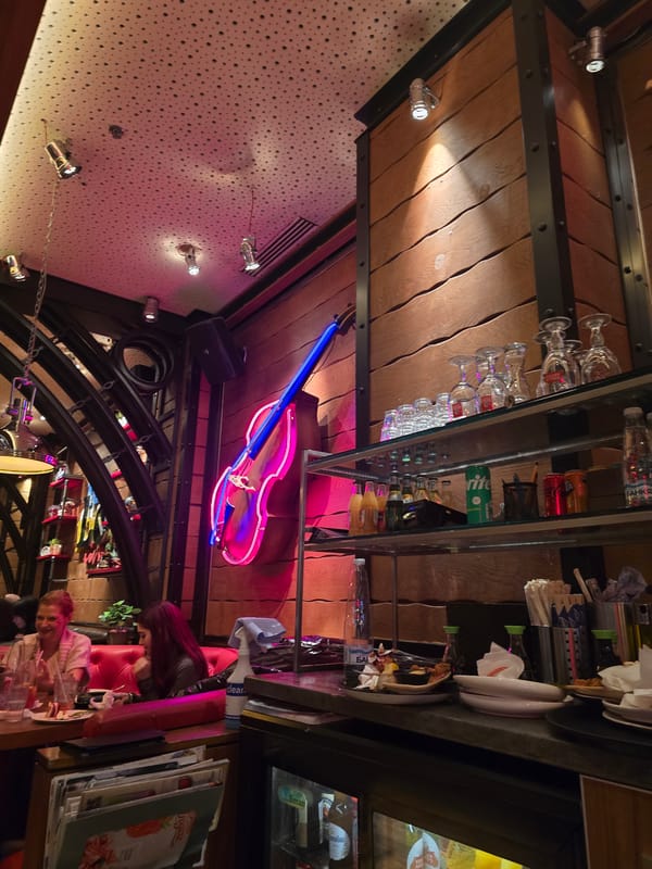 Bar interior documented from unusual upward angle in Sofia