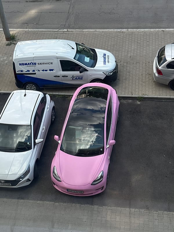 Flower bouquet inside a pink Tesla, Sofia