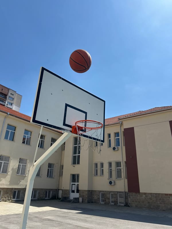Basketball captured mid-air near hoop in Sofia