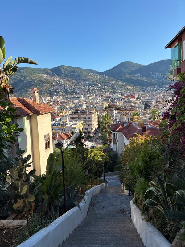 Alanya hillside staircase with bougainvillea and city views