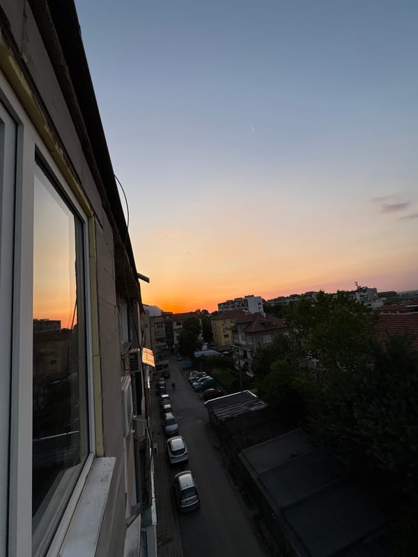 Sunset over Vratsa rooftops, plus one very relaxed cat