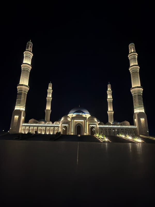 Astana's grand mosques lit up after dark