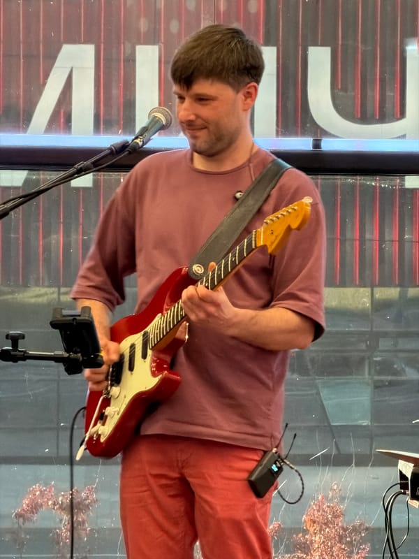 Guitarist performs indoors near decorative window in Moscow