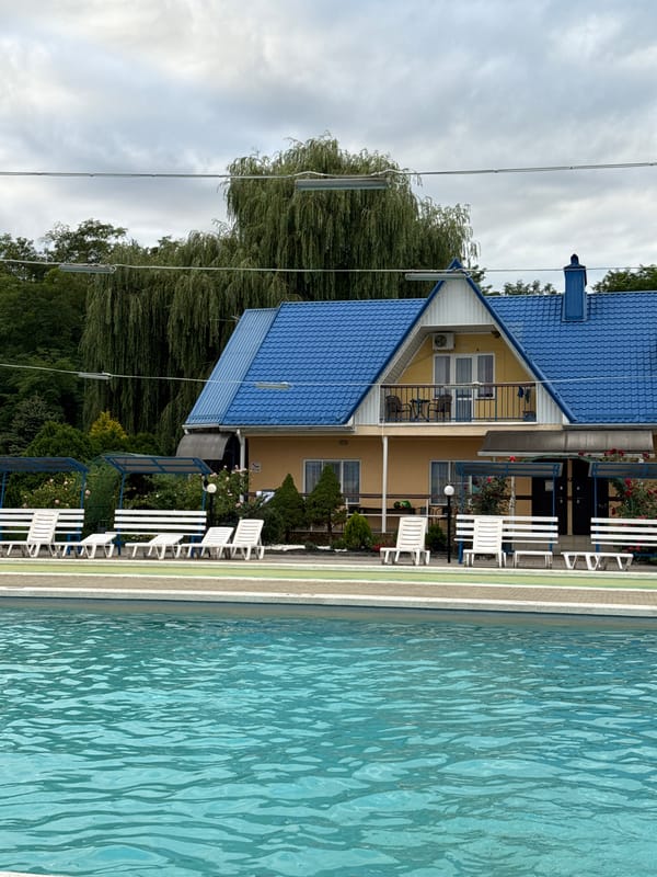 Poolside greenery and a glowing Russian neon sign