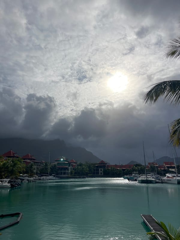 Turquoise marina under a glaring cloudy sky, Providence, Seychelles