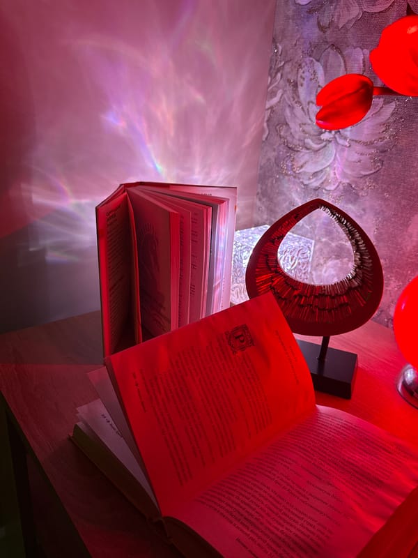 Evening reading scene captured with colorful ambient lighting