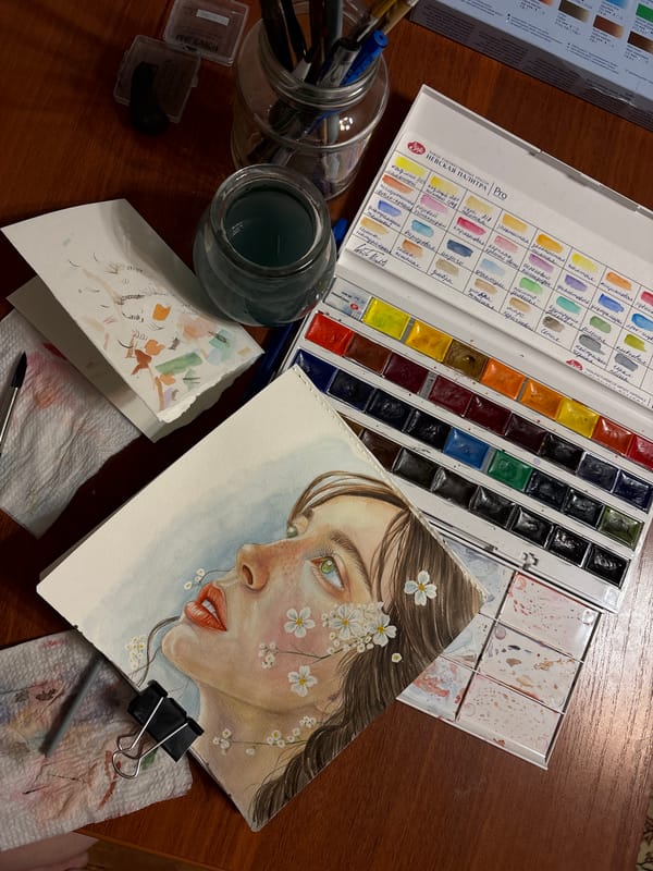 Artist creates watercolor portrait with flowers in Izhevsk workspace