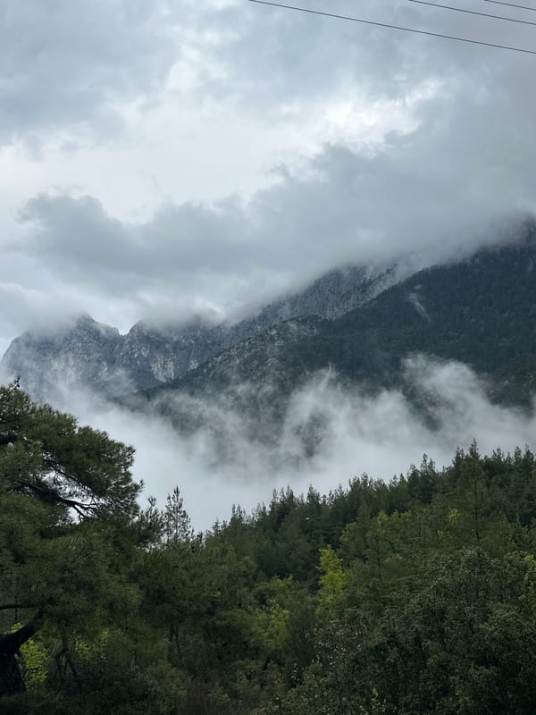 Fog envelops mountains near Konyaaltı residential area
