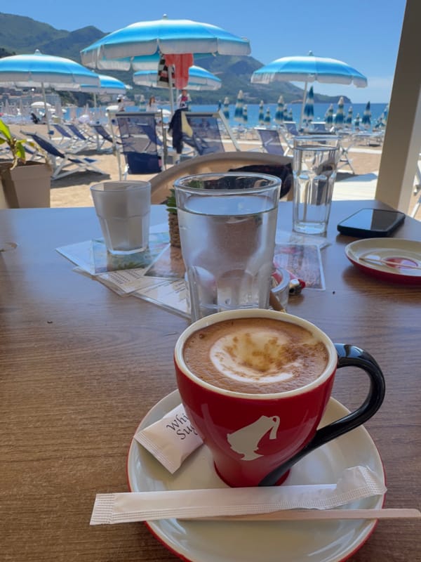 Morning coffee and beach setup in Boreti, Montenegro