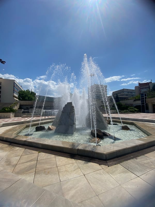 Public fountain documented in Blagoevgrad square on sunny morning