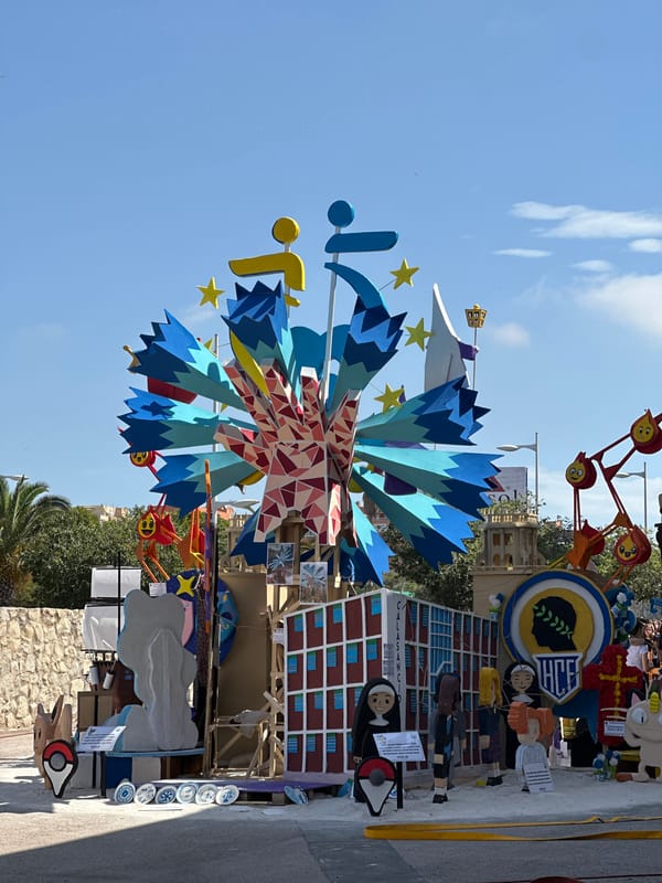 Street festival display outside Calasancio school with firefighters present