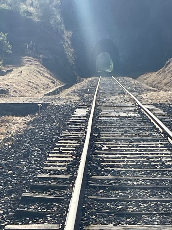 Afternoon at a mountain railway gorge with tunnels, river, and swimming