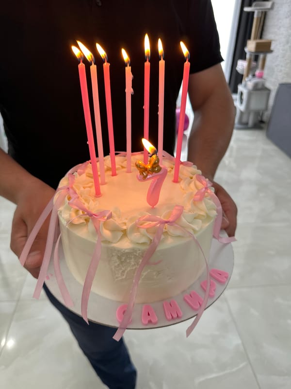 7th birthday cake, candles lit and blown out