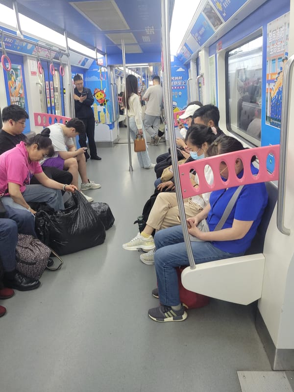 Overcrowded train car documented in Liangjiang, China