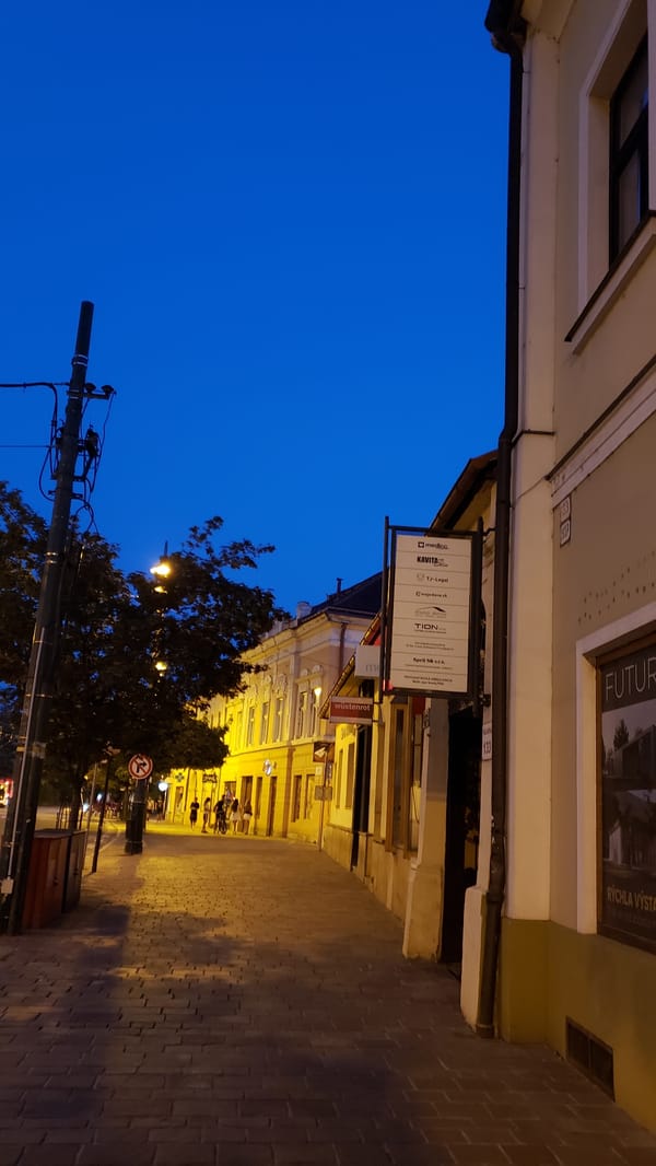 Evening stroll through Prešov's historic center at dusk