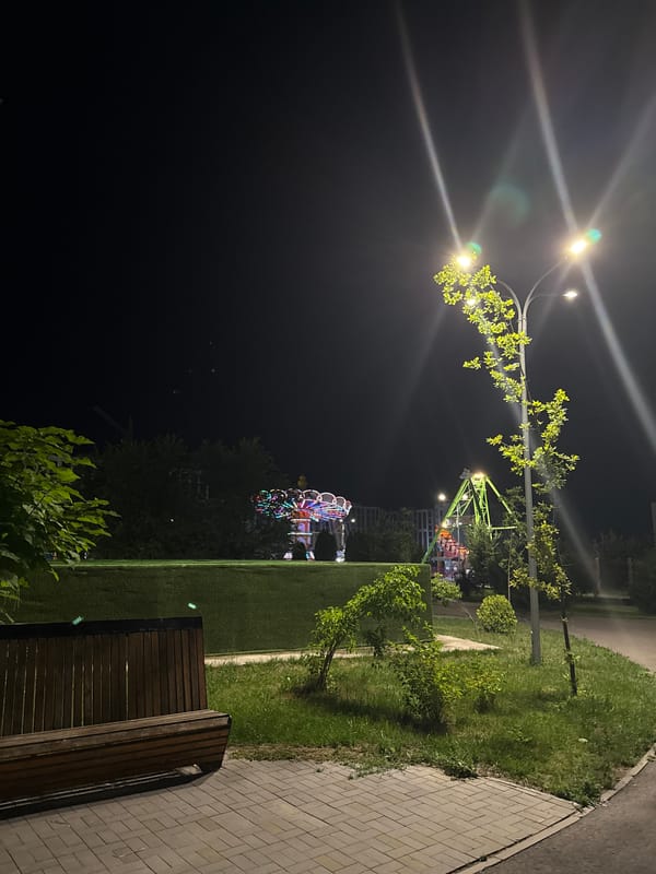 Almaty amusement park alive at night with rides and lights