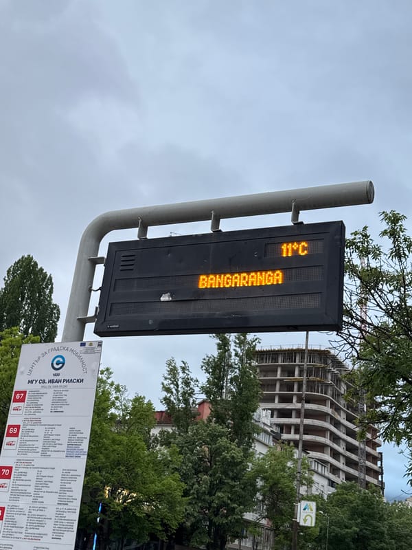 Sofia street sign displays 11°C temperature with "BANGARANGA" text