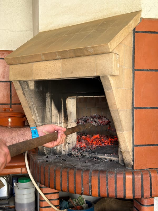 Person tends wood-fired brick oven in Vila Real
