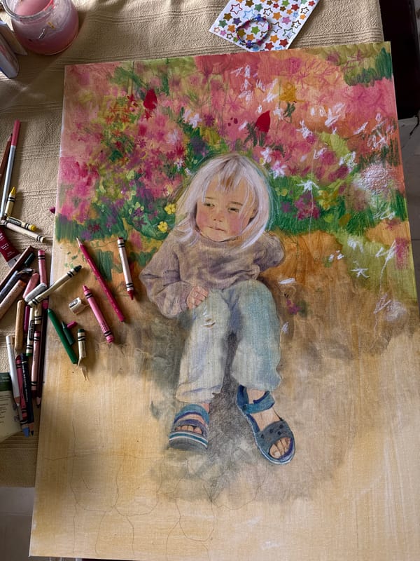 Artist captures child portrait painting in progress in Kfar Vradim