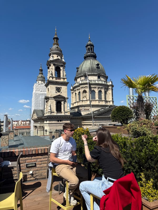 Rooftop dining scene captured overlooking Saint Stephen's Basilica Budapest