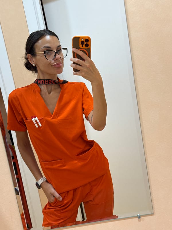 Nurse takes selfies in scrubs, Pleven, Bulgaria