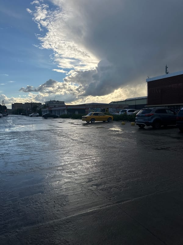 Rain-slicked street scene in Kokshetau, Kazakhstan