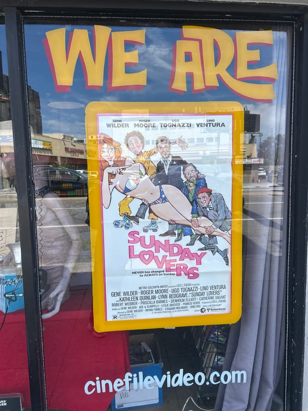 Vintage movie poster displayed at LA video store window