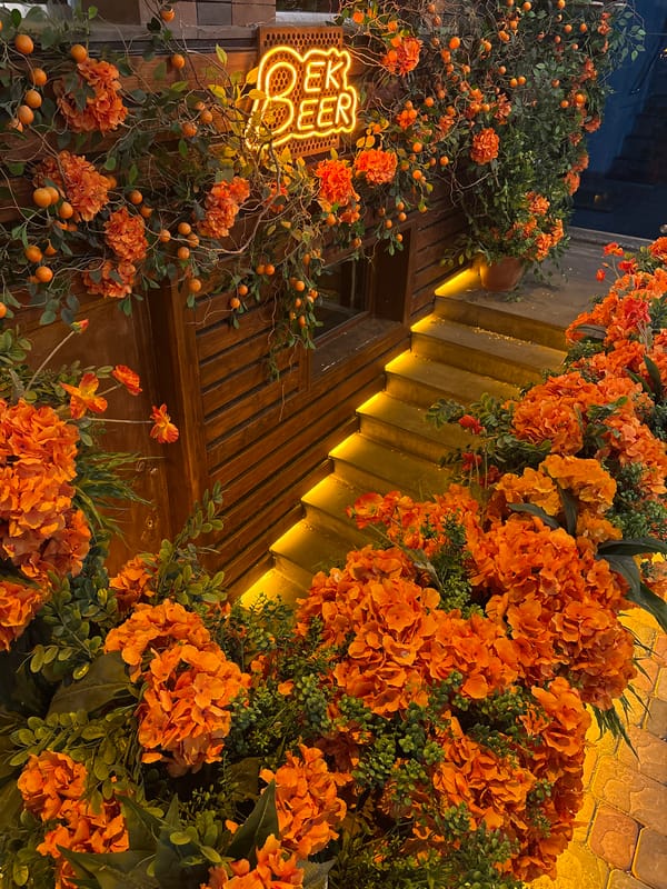 Orange floral decorations photographed on Yerevan building facade