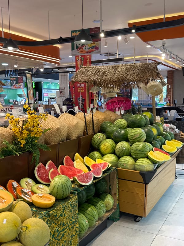 Tropical fruit and veg display inside a North Kuta supermarket