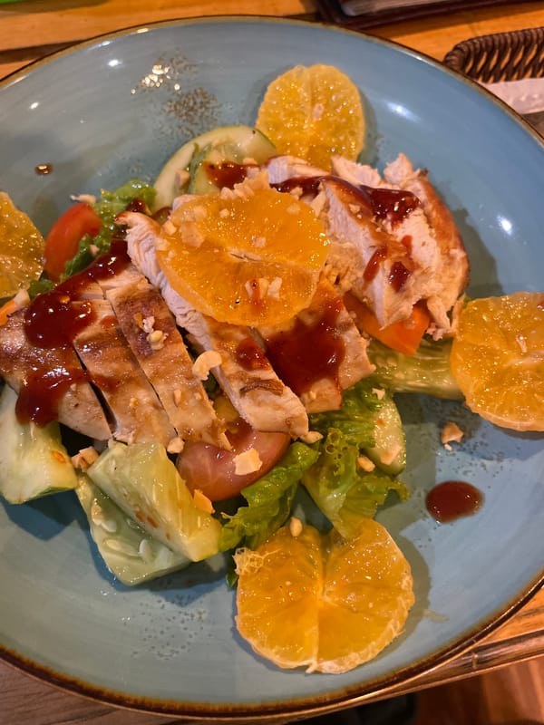 Grilled chicken salad served in Pokhara, Nepal